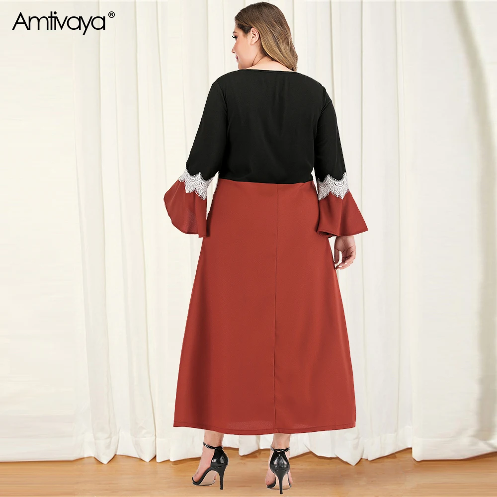 Amtivaya Plus Size Dresses Elegant O Neck Flare Long Sleeve Midi Dress Fashion Lace Color Block Large Size Women Wears Fall