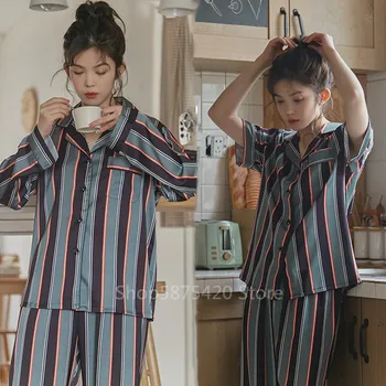 

2020 New Summer Women Pajama Sets Colorful Striped Short Long Sleeve Trousers Loungewear Female Sleepwear Leisure Loose Home Set