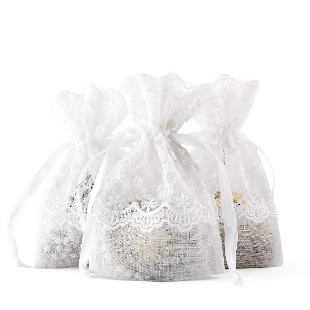 

4x5.5 inch 50 pcs Lace Drawstring Gift Bag - Elegant Lace Floral Design Wedding Party Welcome Favor Bags