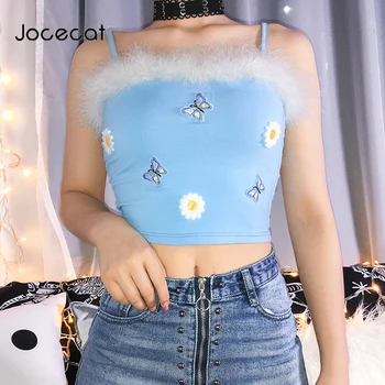 

Feather Patchwork Cute Harajuku Crop Top Women Summer 2020 Colorful Butterfly Appliques Sweet Spaghetti Strap Cami Top
