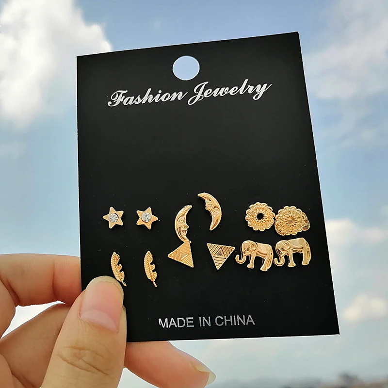 6 пар жемчужные серьги гвоздики в виде звезды Луны Листьев винтажные стразы