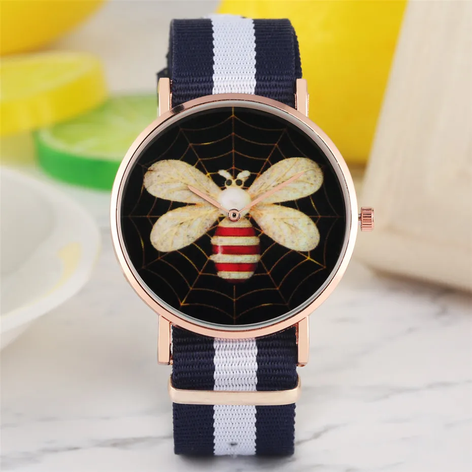 

Casual Quartz Watch for Women Nylon Watch Band Stylish Lady Wristwatch Bee Spider Web Display Female Timepieces Dropshipping