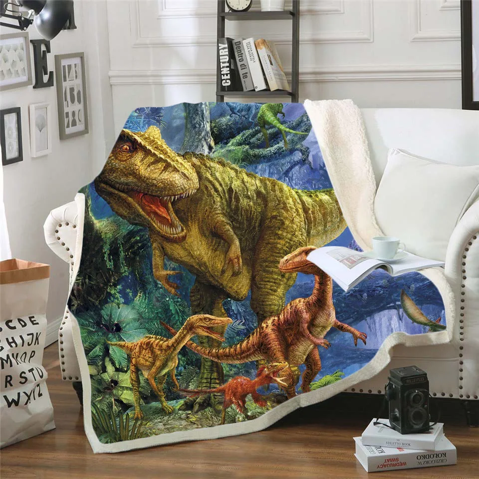

Dinosaur Jurassic Funny Character Blanket 3D Print Sherpa Blanket on Bed Home Textiles Dreamlike Style 09