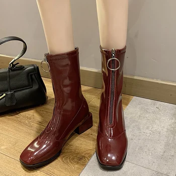 

Lucyever Sexy Wine Red Patent Leather Boots Women Fashion Front Zipper Square Heel Mid Calf Boots Woman Pu Leather Black Botas