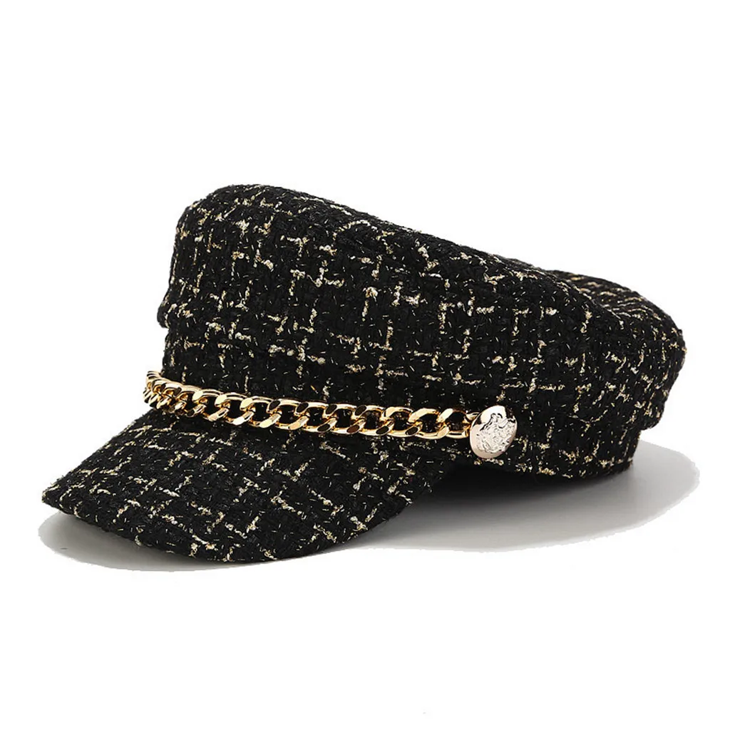 Модная новинка, женская классическая шляпа, военная, кадет, Дальнобойщик, остроконечная городская зимняя трикотажная шапка, цепочка, темно-синяя кепка viseras para mujer# guahao - Цвет: Black