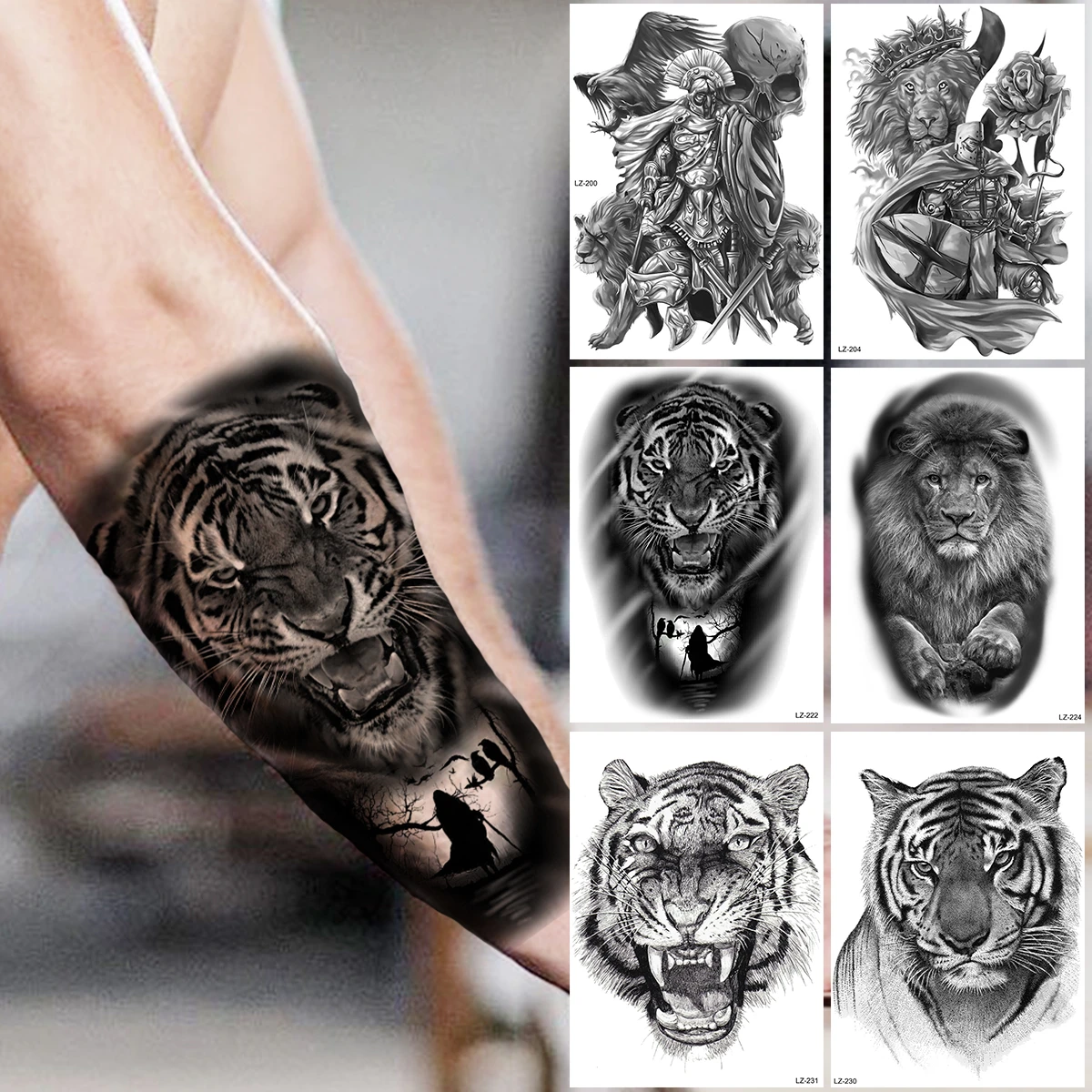 Tatouage Tigre Avant Bras Homme Tatouage temporaire grand tigre pour hommes adultes, bouclier de chevalier  Lion réaliste, autocollant de faux tatouage imperméable pour avant bras |  AliExpress
