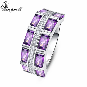 

Lingmei Charm Dazzling Silver Color Jewelry Women's Fashion Zircon Wedding Rings Size 6-9 Anniversary Christmas