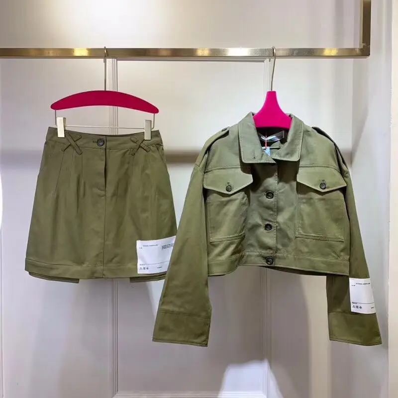 

[LIVIVIO] Armygreen Two Piece Set Long Sleeve Jacket Matching Mini Skirt Sets Women 2019 Autumn Fashion Clothing New