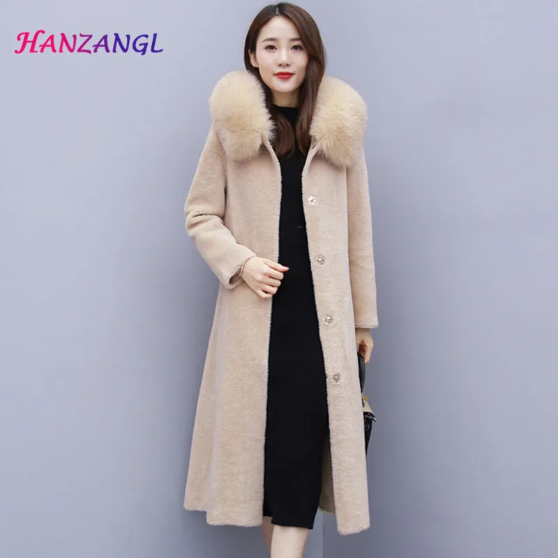 HANZANGL/пальто с овечьим стриженым мехом, новое зимнее шерстяное пальто с гранулом, пальто с мехом лисы, длинное пальто M~ 3XL