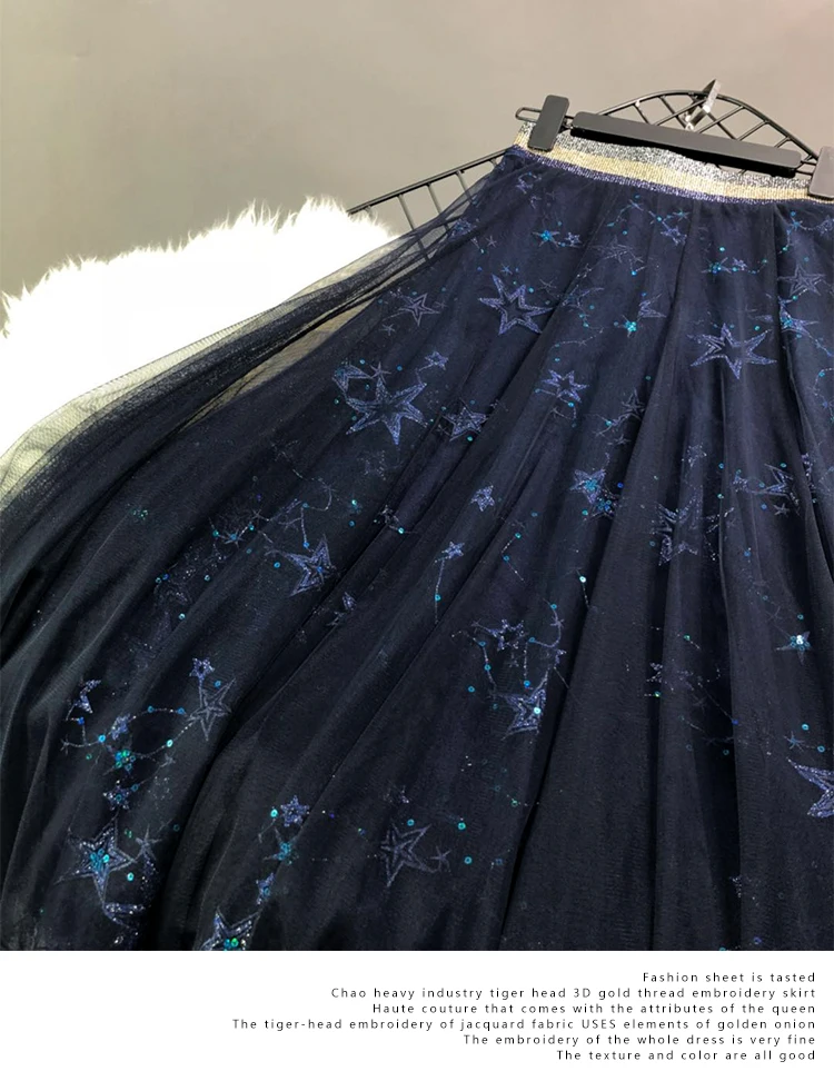 New without Star Sky Sequins Heavy Industries Embroidery Elastic waist Medium length Mesh Half length Skirt