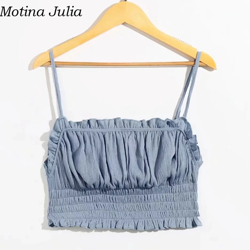 Motina Julia, элегантные, с рюшами, Короткие Топики, летние, женские, сексуальные, короткий, короткий, кроп-топ, на бретелях, базовые, пляжные, милые, женские топы