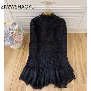 

ZIWWSHAOYU Fashion Women Autumn Runway Vintage Black Dress Elegant Lace Hollow Out Embroidery Long Sleeve Party Dress
