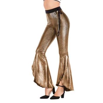 

hirigin new fashion Women Flared Leg Stretch Pants female Bell Bottom asymmetric Long High Waisted Trousers ladies snake skin
