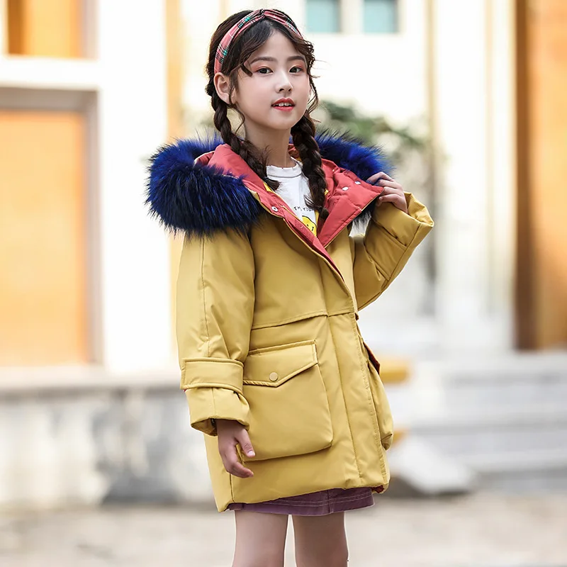 

Winter Down Jacket for Girls Clothes parka real Fur Hooded Russian Winter Coat 12 New Children Outerwear Long Teenage clothing