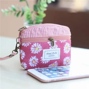 

Kids Double Zipper Casual Women's Wallet Retro Cotton Fabric Coin Purse Flower Pattern Small Handbag Square Girls Bag Gift Lady
