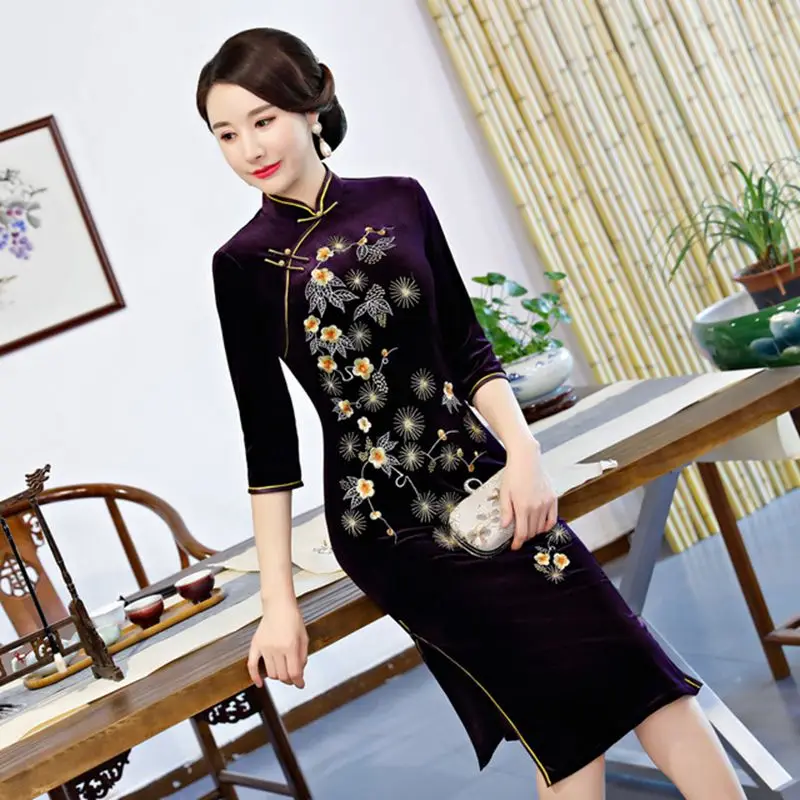 Китайский традиционный осенний стиль Cheongsam велюровый Cheongsam лаконичный элегантный Cheongsam три четверти рукав короткий Qipao