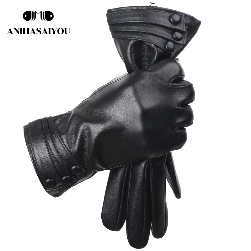 Простые черные женские кожаные перчатки с тремя пряжками, женские перчатки из овчины, удобные женские зимние перчатки-ZP3K