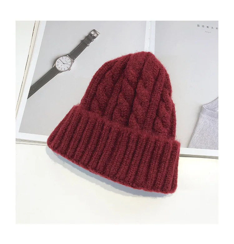 Женские шерстяные шапки Skullies, зимняя теплая вязаная шапка s для дам, дикие одноцветные утолщенные шапочки, новые модные шапочки для девочек
