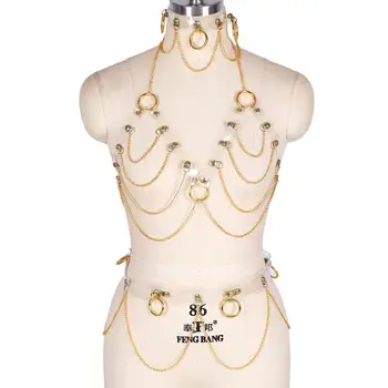 

Gold Chain Lingerie Harness Bra PU Set Waist Belt Metal Gorgeous Bondage Body Pole Dance Sexy Lingerie Goth Suspender Adjust Top