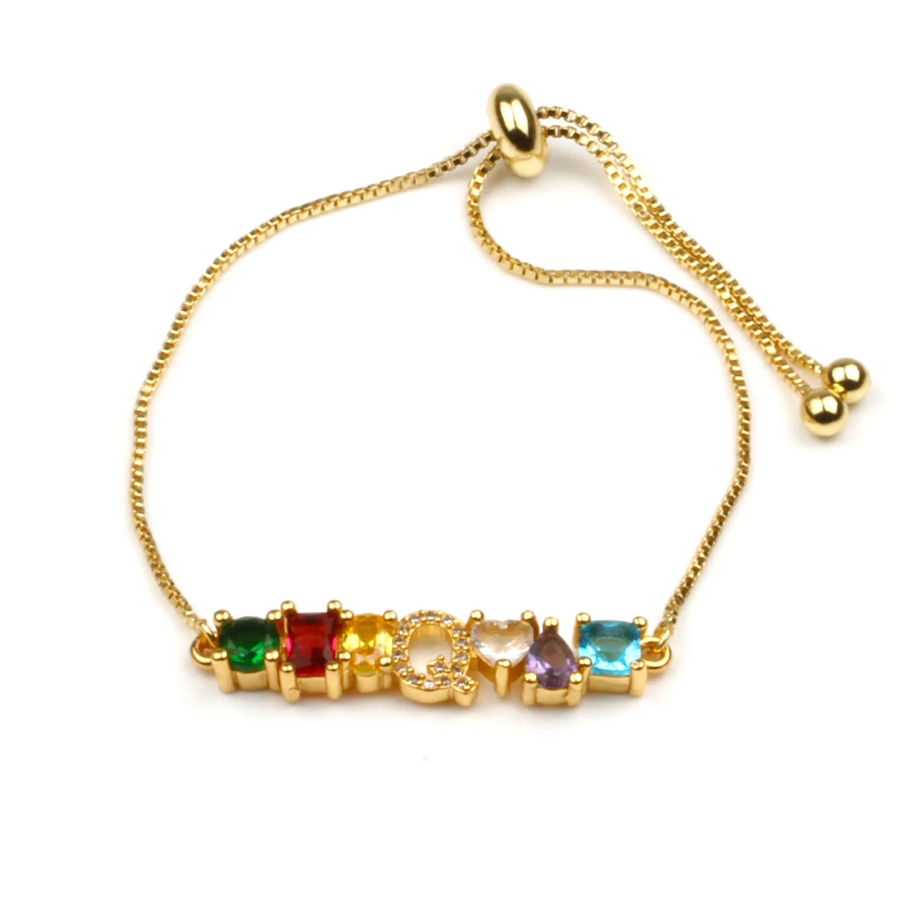 Hot Trendy Women Gold Color Bracelet New Rainbow Cubic Zircon A-Z Letter Initials For Women Charm Bracelet Jewelry Accessories - Окраска металла: Q