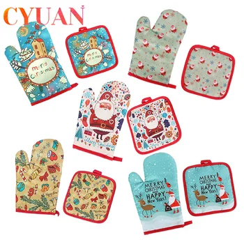 

CYUAN 5pair Christmas Baking Anti-Hot Gloves Pad Oven Dining BBQ Kitchen Mat New Year 2021 Natal Xmas Party Decoration Supplies