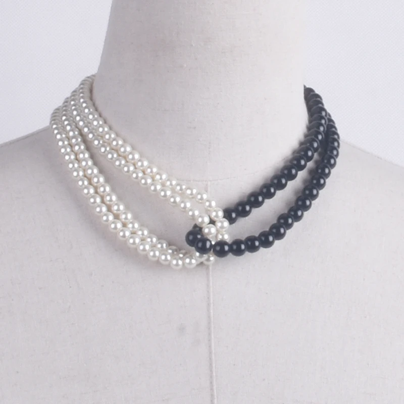 HOWAWAY Round Imitation Pearl Choker Necklace Multi Strands Choker 20s Flapper Necklace black and white pearl  Themed Party