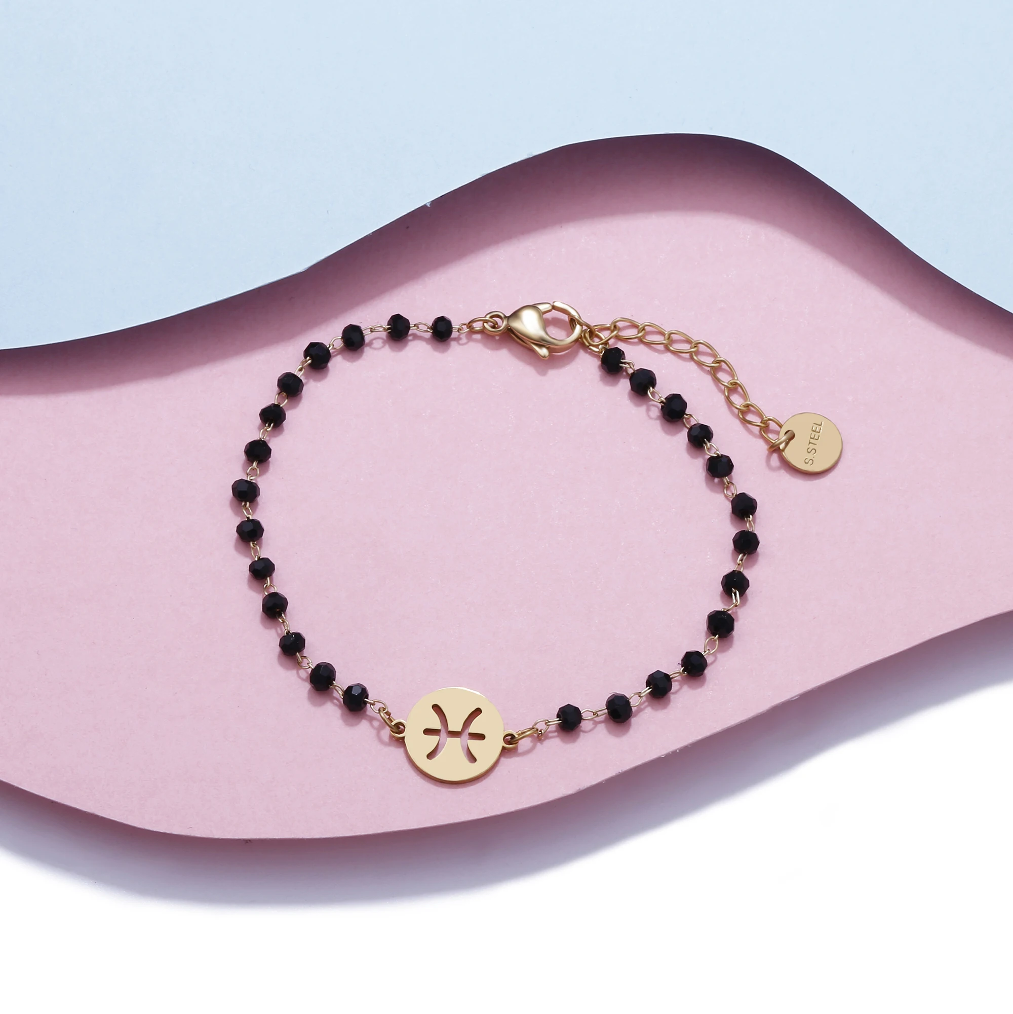 Stainless Steel Round Hollow 12 Constellation Zodia Sign Bracelet For Women Crystal Beads Chain Bracelet Gold Fashion Jewelry