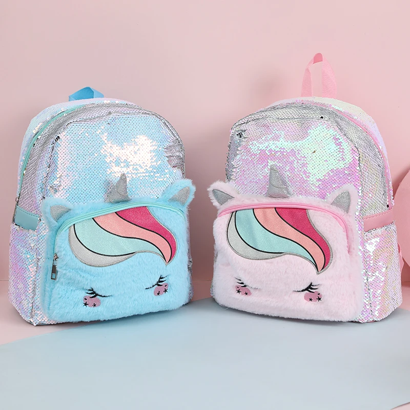 

Unicorn Kid Bag sequins unicorn Backpack fashion children bags Women Mochila Escolar cute design book bag plush bags for girls