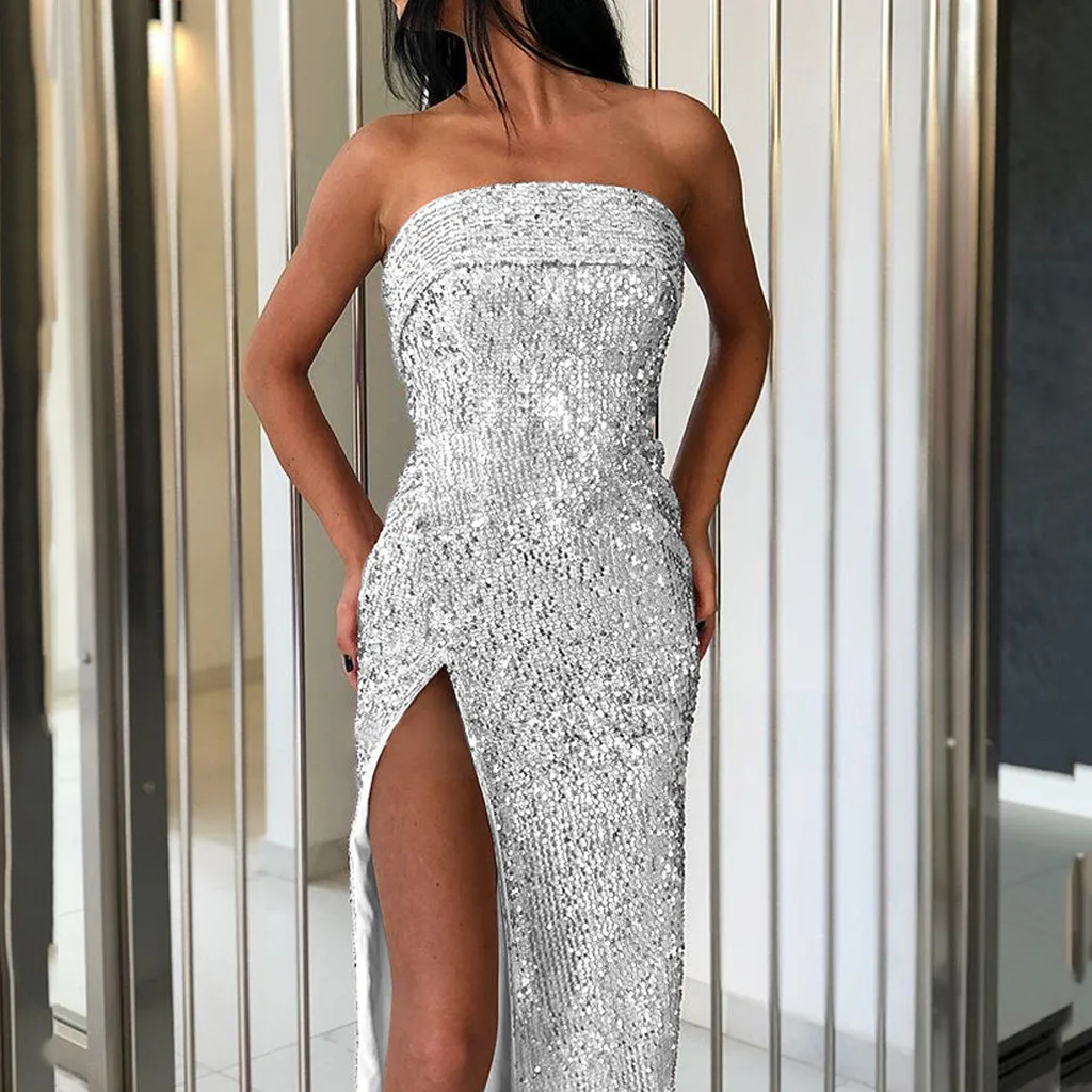 Vestidos femininos Женская Группа край Сплит блеск с открытыми плечами платье с длинным разрезом вечернее бальное платье выпускного вечера