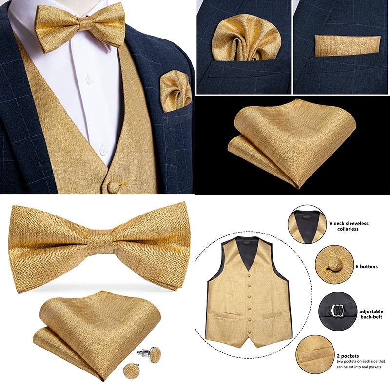 Men's Vest Gold Red White Blue Solid Paisley Silk Wedding Vest For Men Bowtie Hanky Cufflink Cravat Set for Suit Tuxedo DiBanGu