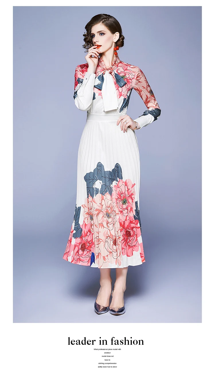 Banulin Fashion Runway Designer Maxi Dresses Women's Long sleeve Bow collar Elegant Rose Floral Printed Pleated Long Dress