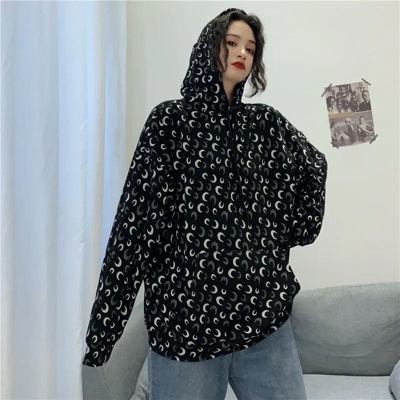 Новые осенние толстовки женские Harajuku Moon толстовки свободный пуловер с капюшоном Хлопок винтажная черная толстовка с шнурками толстовки оверсайз
