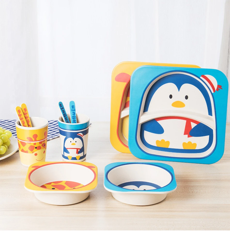 Talheres de Bambu Crianças dos Desenhos Crianças de Fibra de Bambu Louça com Garfo Bebê Alimentação Pratos Anti-queda Animados Natural 5 Pçs - Set 5 Mamãe e Bebê