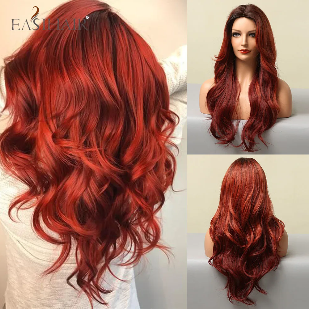 Resistentes ao Calor da Parte Média da Fibra Colorida para Mulheres Longas da Onda de Easihair com Raízes Escuras do Cabelo Perucas Negras Vermelhas Sintético 1 Perucas resistentes ao calor da parte média