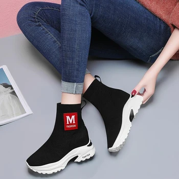 

WGZNYN High-top Platform Sneakers Women Knitted Casual Shoes Woman White Black Sneakers Air Mesh Chunky Trainers Dad Shoes W405