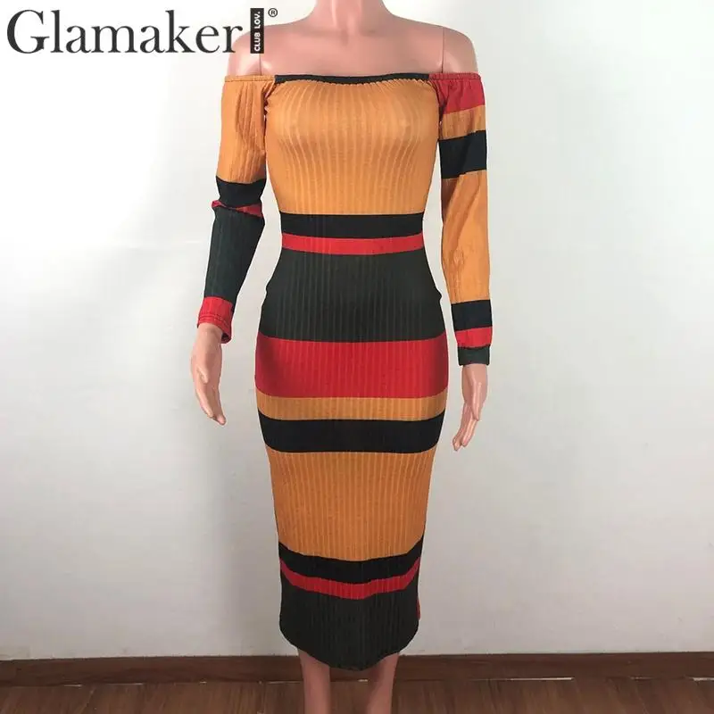 Glamaker, трикотажное облегающее платье с открытыми плечами, женское элегантное платье с длинным рукавом и высокой талией, женские вечерние платья на осень и зиму, сексуальное платье