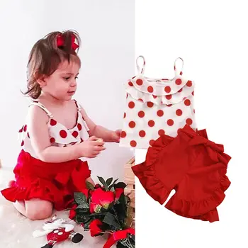 

New Toddler Kids Baby Girl Summer Polka Dots Sling Tops Ruffle Shorts Outfits Set