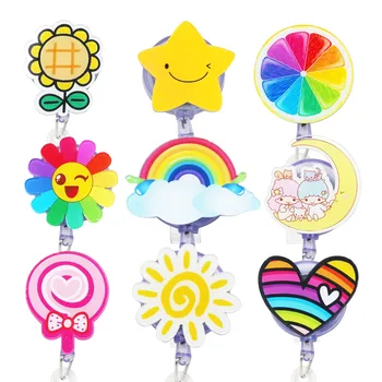 

Nurses Badge Reel Badge Holder Clip Retractable ID Badge Holder with Alligator Clip Star Sunflower Sweet Rainbow Style