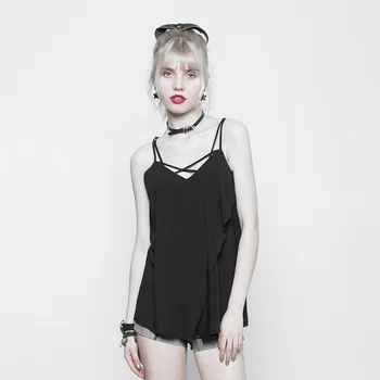 

PUNK RAVE Women Punk Back Linear Design Two Wear Strap Vest Pendant Human Cotton Loose Back Geometry Linear Summer Tank