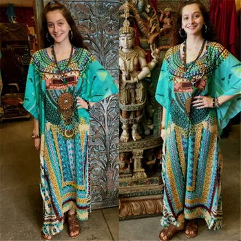 

Europe And America Cotton Printed Loose And Plus-sized Beach Skirt Robe Holiday Sun-resistant Dress Bikini Bathing Suit Blouse W