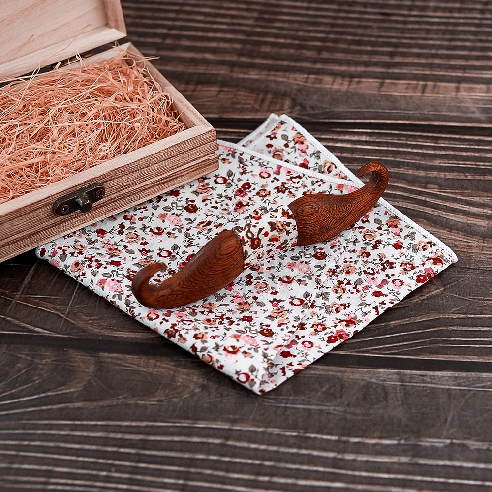 3D mustache Sapele Wooden bow tie for men gift Foral flower pattern pocket square bow tie set bow tie