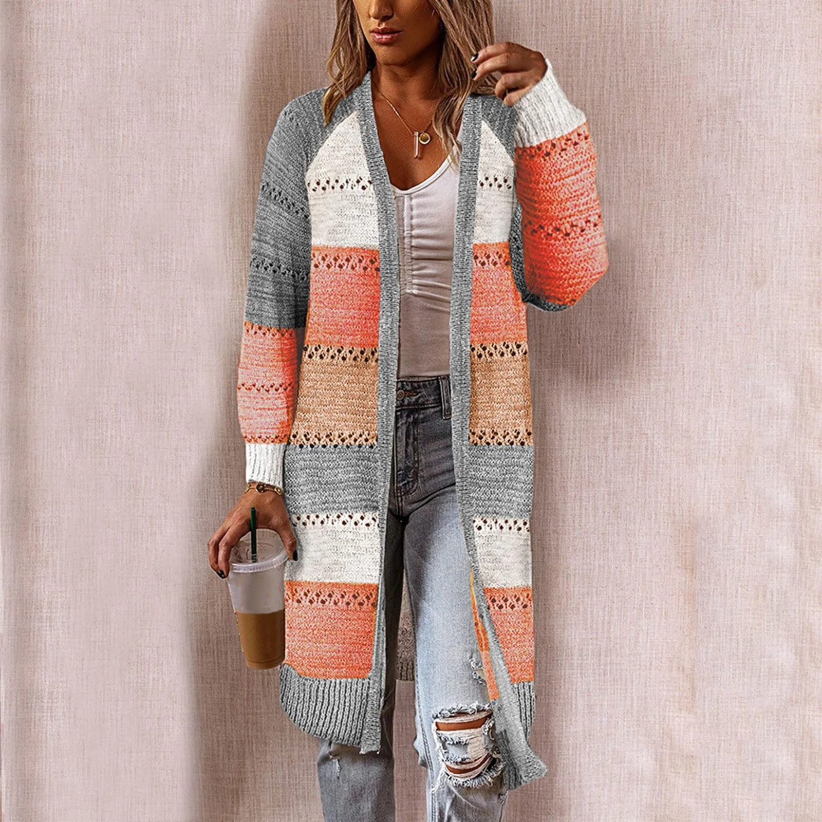 2021 Autumn Women Cardigan Comfy Stylish Stitching Long Sleeve Colors splicing Sweater Casual Long Cardigan slim Clothing femme 1