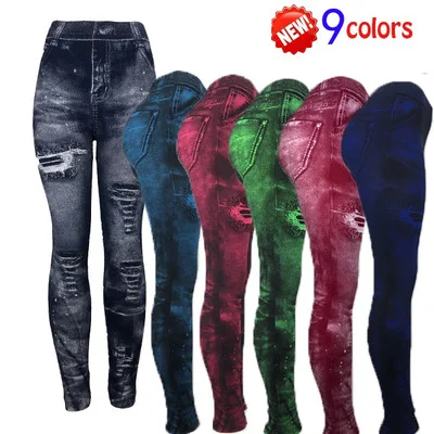 Plus Size Leggings For Women Faux Jeans Bodycon Stretch Capris Leggin High Waist Pants Plus Size Leggings For Women Faux Jeans Bodycon Stretch Capris Leggin High Waist Pants