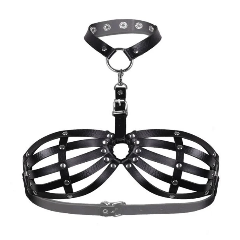 Портупея женская из искусственной кожи черного цвета с цепочкой сексуальный топ