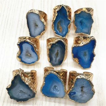 

Natural Brazilian Electroplated Color Edged Slice Open Blue Agates Rings Geode Drusy Druzys Women Wedding Engagement Ring Set