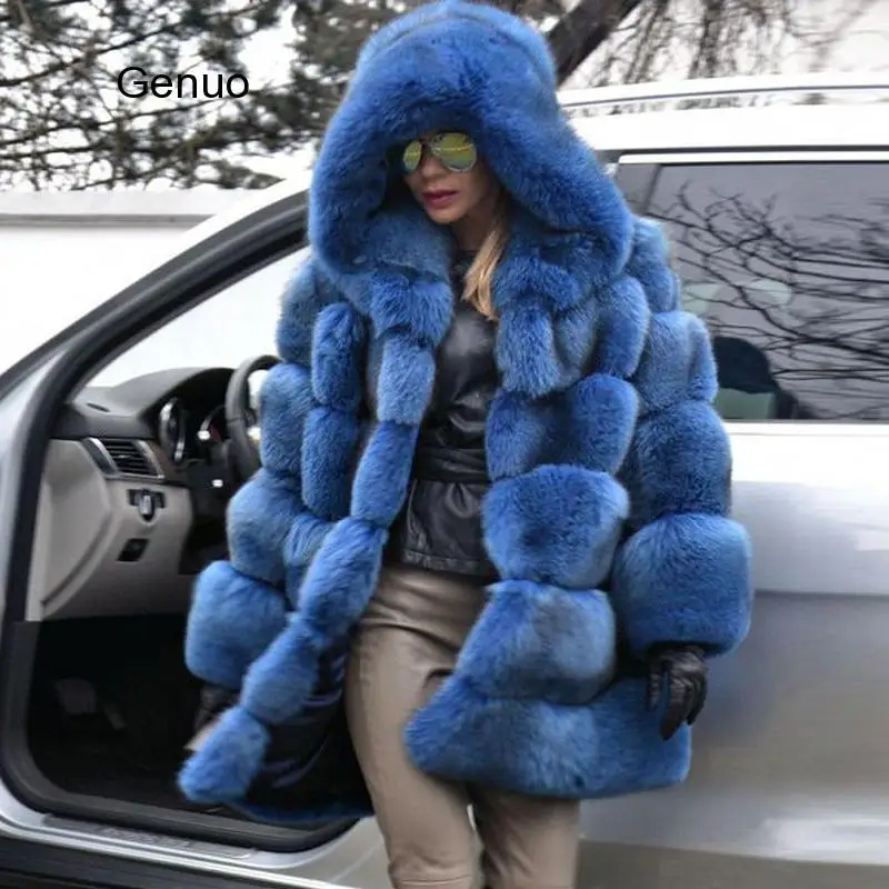 Hooded Blue Fox Fur Coat Thick Warm Faux Fox Fur Jacket for Women Outwear Long Fur Coats 2020 Winter Fashion Luxury Outwear coats women jackets winter chic faux fur plush long sleeve hooded button overcoat outwear coat women s clothing женская куртка