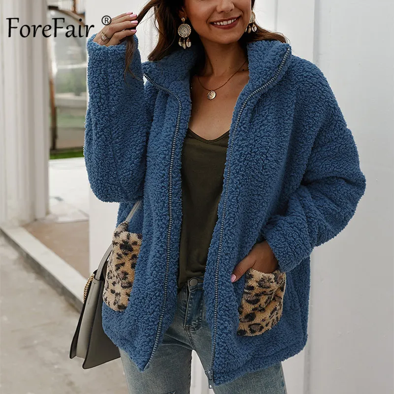 Forefair/теплое пальто с искусственным мехом, большие размеры, зима, модное, новое, леопардовое, лоскутное пальто, повседневное, плюс размер, плюшевая куртка медвежонок - Цвет: Blue Coat