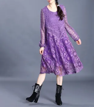 

Chinese Style Retro Embroidery Round Neck Stitching Mesh Hem Dress 2020 Fashion Floral Hollow Long Sleeved Fake Two Piece Dress
