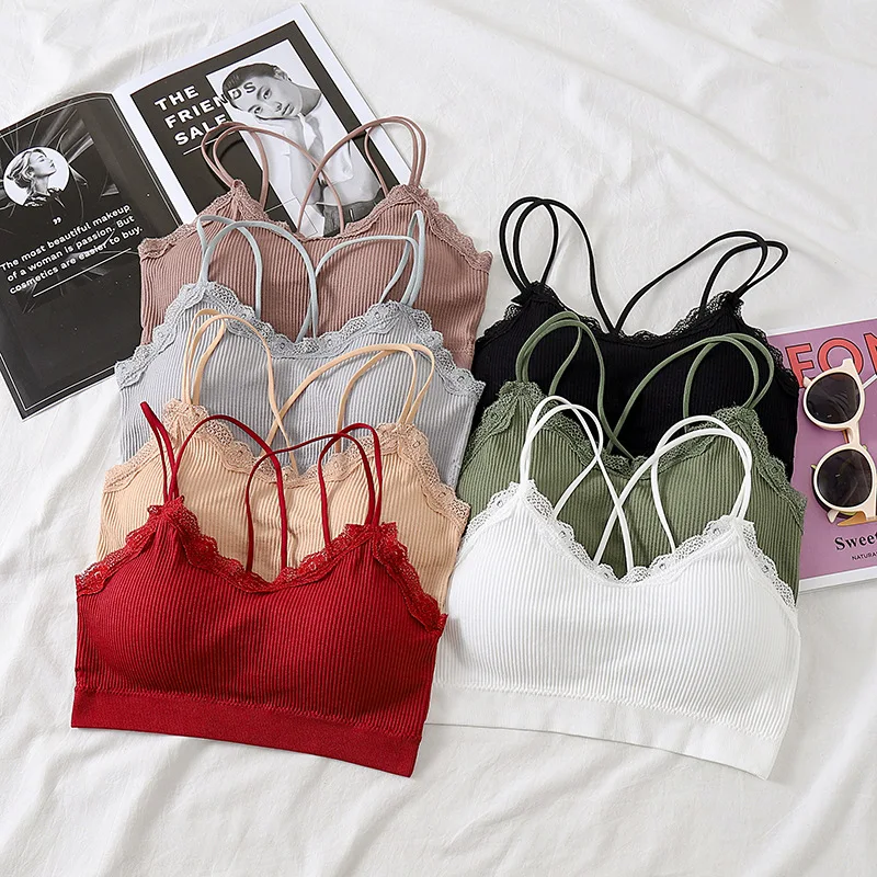 

Photo Shoot Non-Steel Ring Sexy Lace Bra Thread Cross Camisole Beauty Back Tube Top with Chest Pad Wrap-around Vest Women's