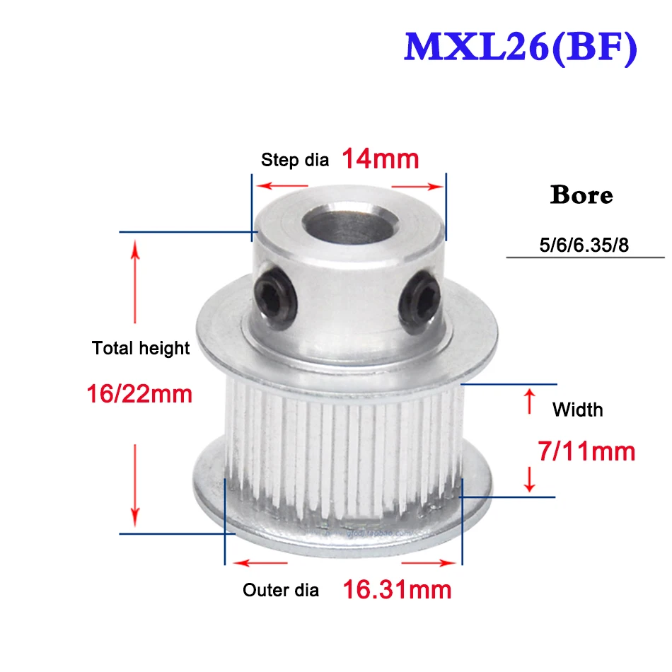 

1Pcs MXL 26 Tooth - 30 Tooth Convex Synchronous Wheel Timing Belt For Width 7mm 11mm Bore 5-12mm